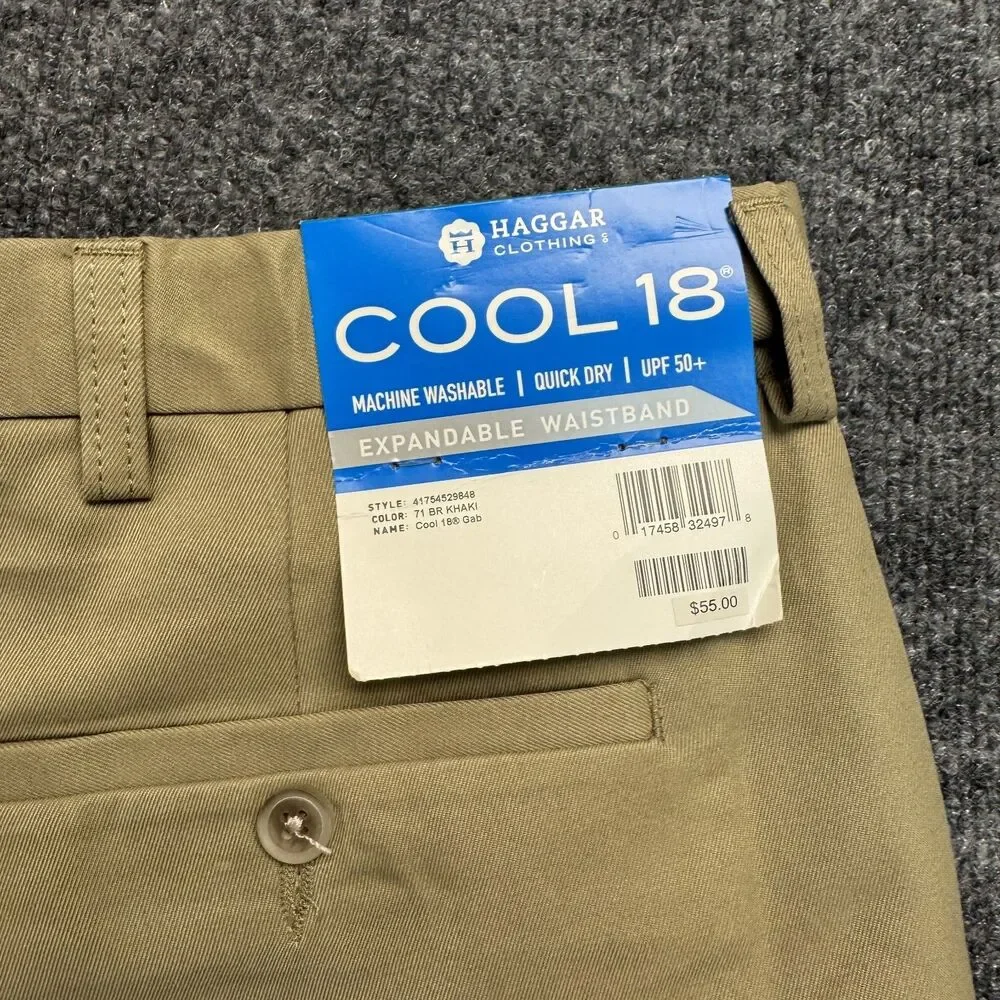 Haggar Big & Tall COOL 18 Quick Dry UPF 50+ Expandable Waist Khaki 46 NWT